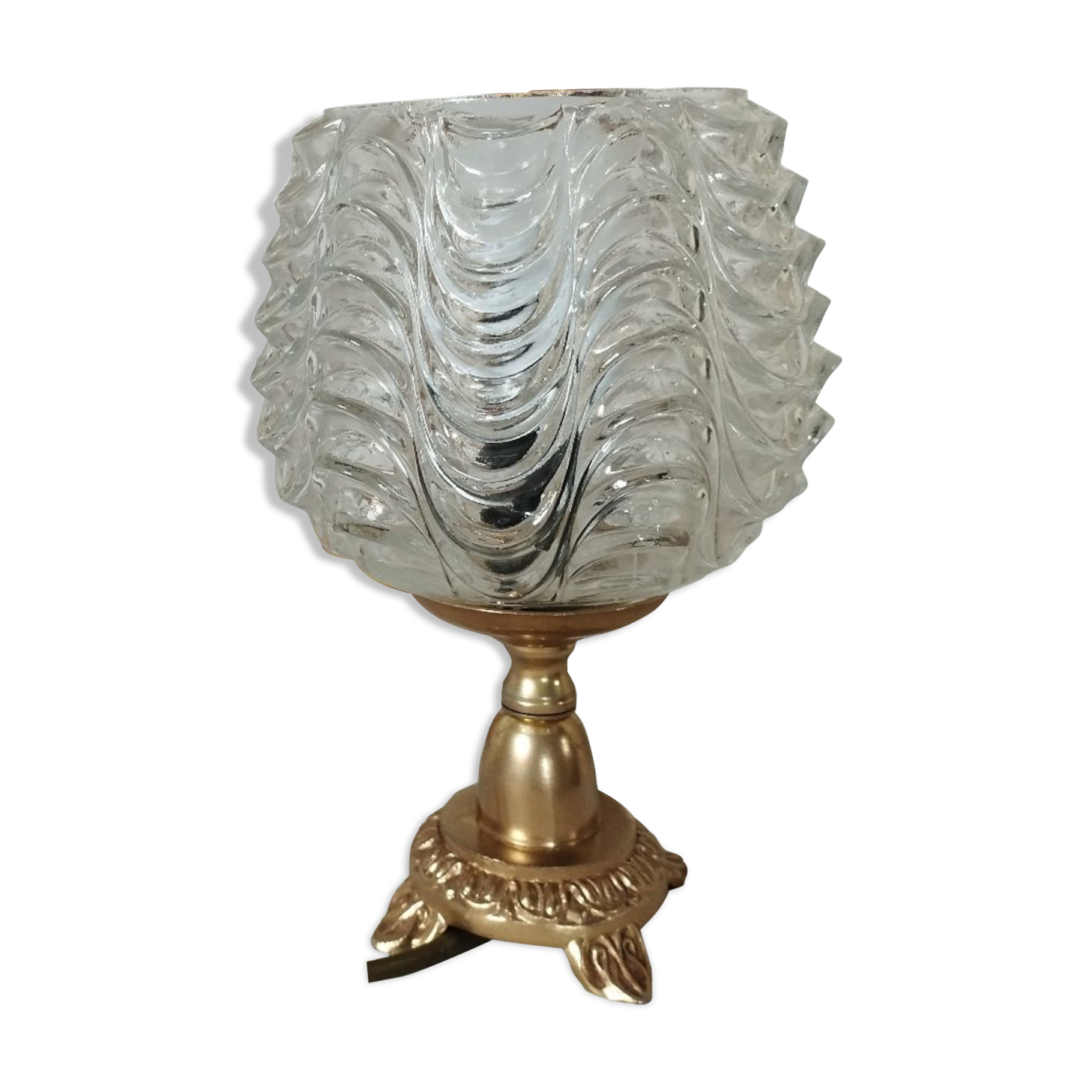 Golden metal foot lamp, twisted glass, vintage
