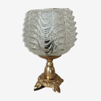 Golden metal foot lamp, twisted glass, vintage