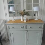 Buffet ancien sublimé en vert de gris, plateau bois.