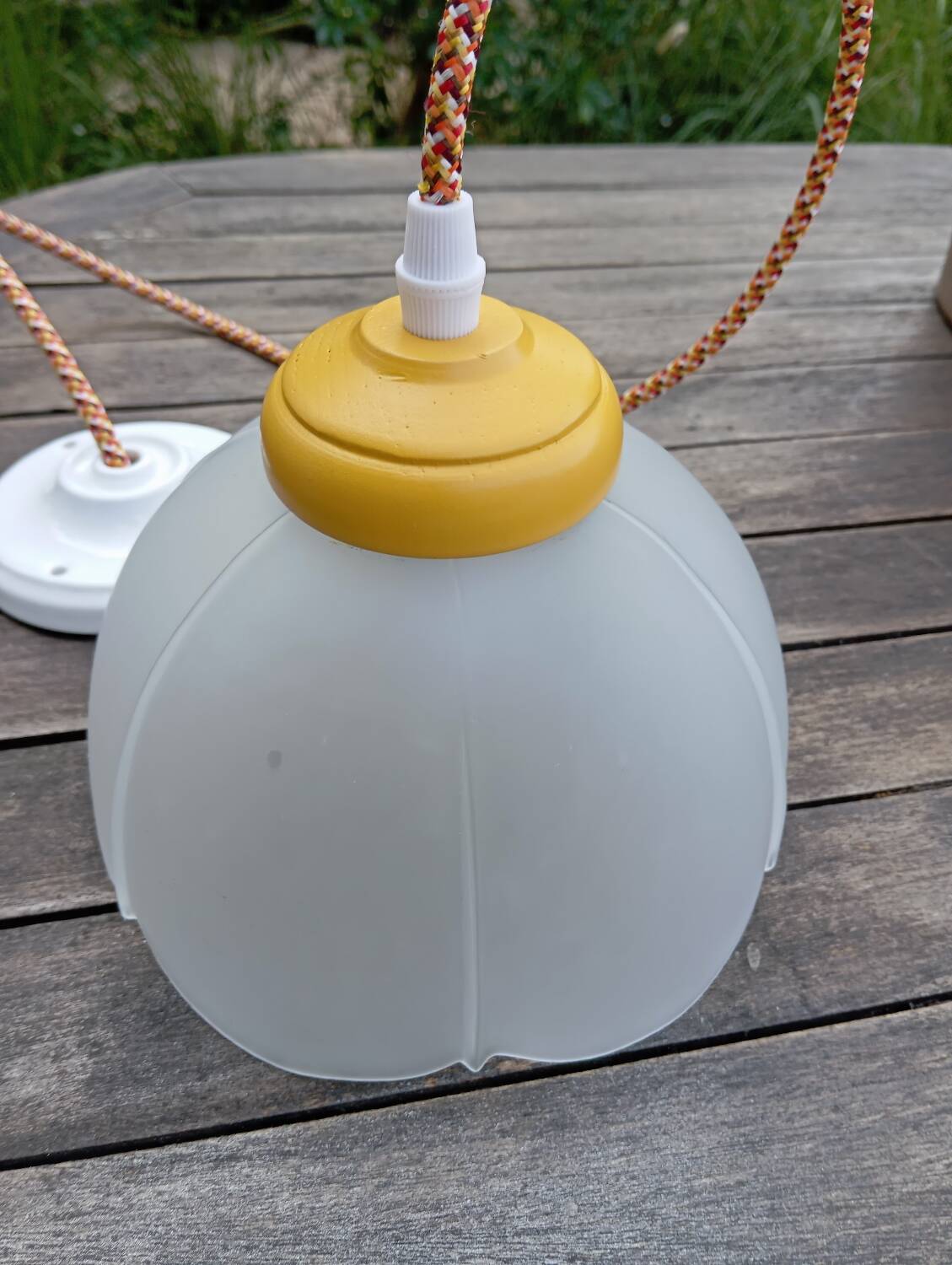 Vintage white frosted corolla glass pendant light, orange pixel cord