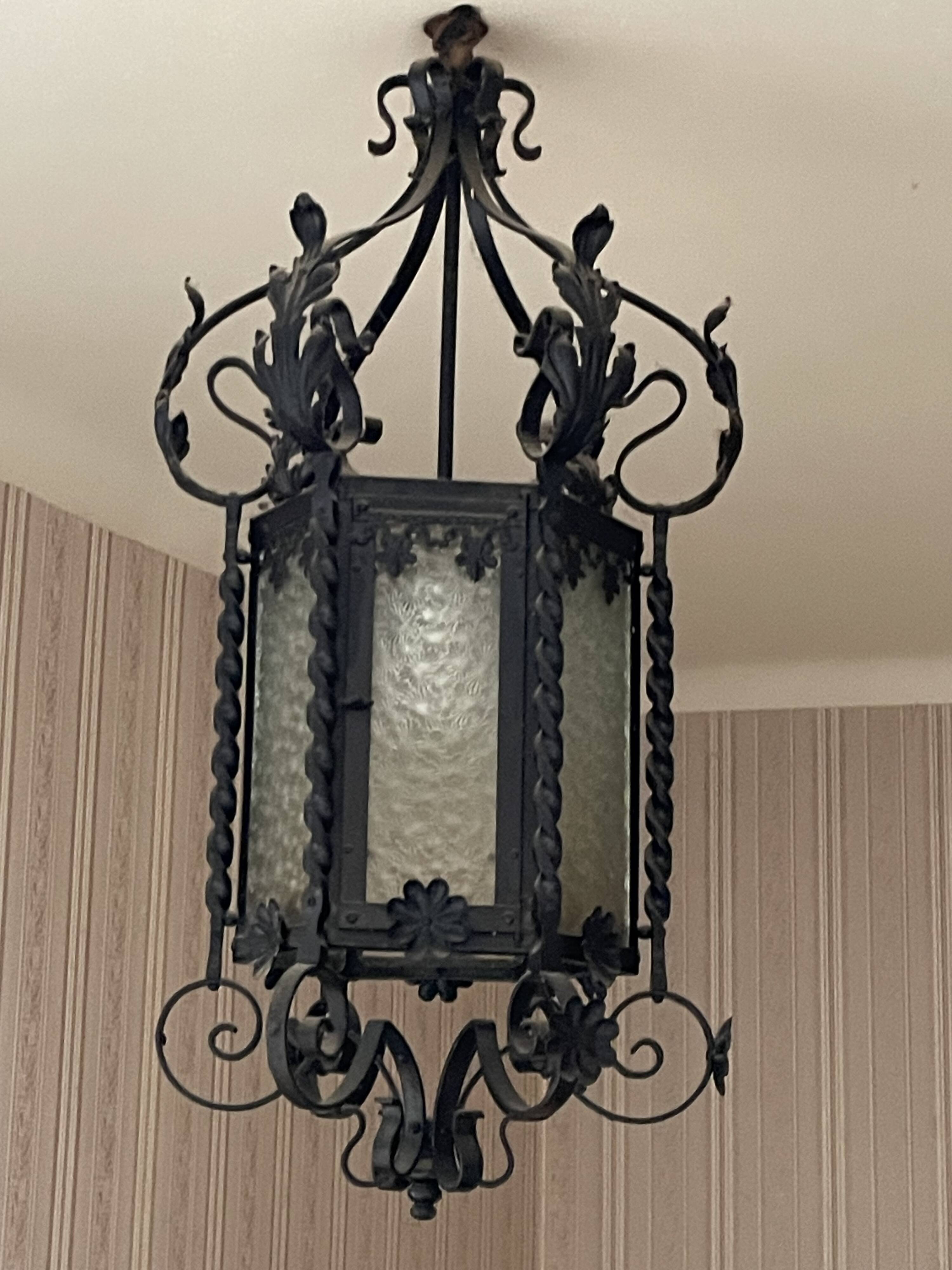 Vestibule lantern, hall, wrought iron entrance & cathedral glass, 80 cm pendant light