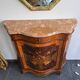 Curved support furniture in floral marquetry – Louis XV style, marble top, late 19th century.