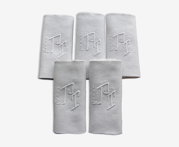 5 serviettes anciennes en lin brodé PT avec jours échelle