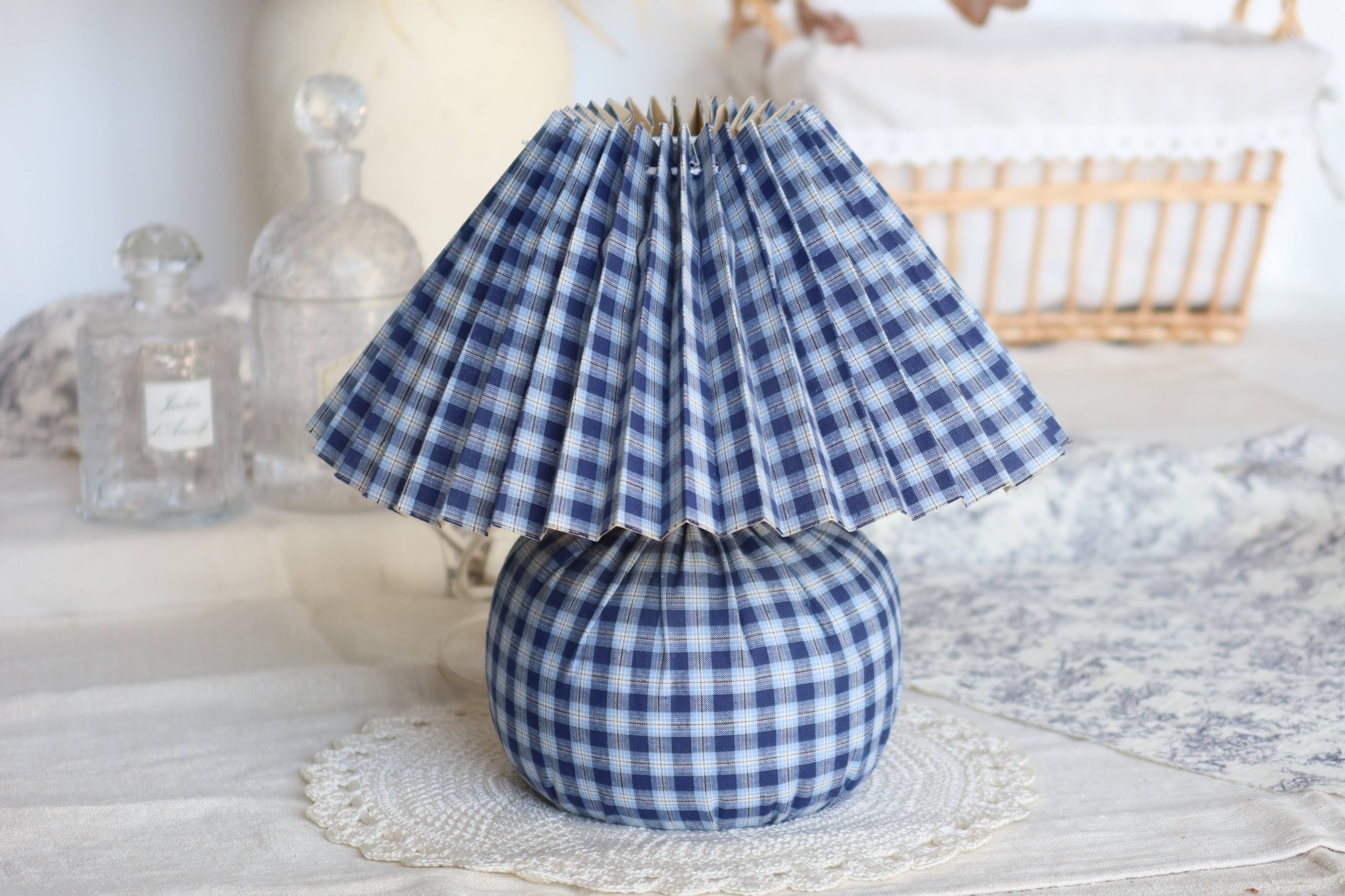 Jacadi vintage bedside lamp in blue and white tartan fabric