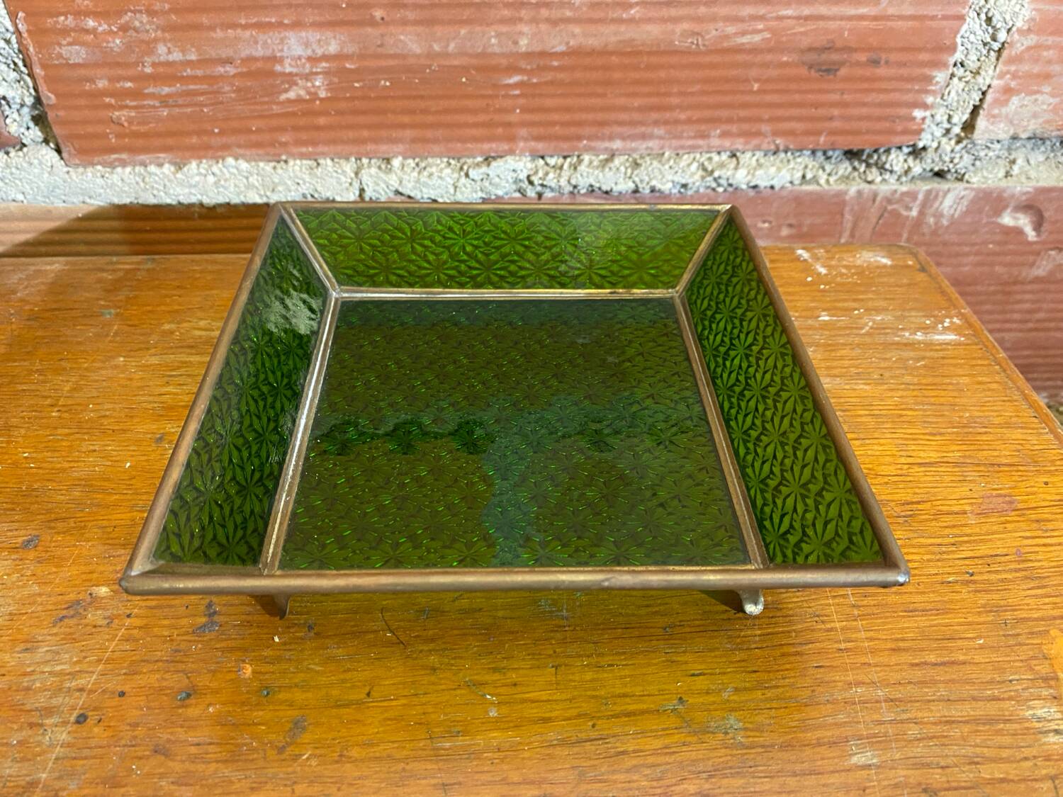 Bowl antique molded glass green + brass vintage