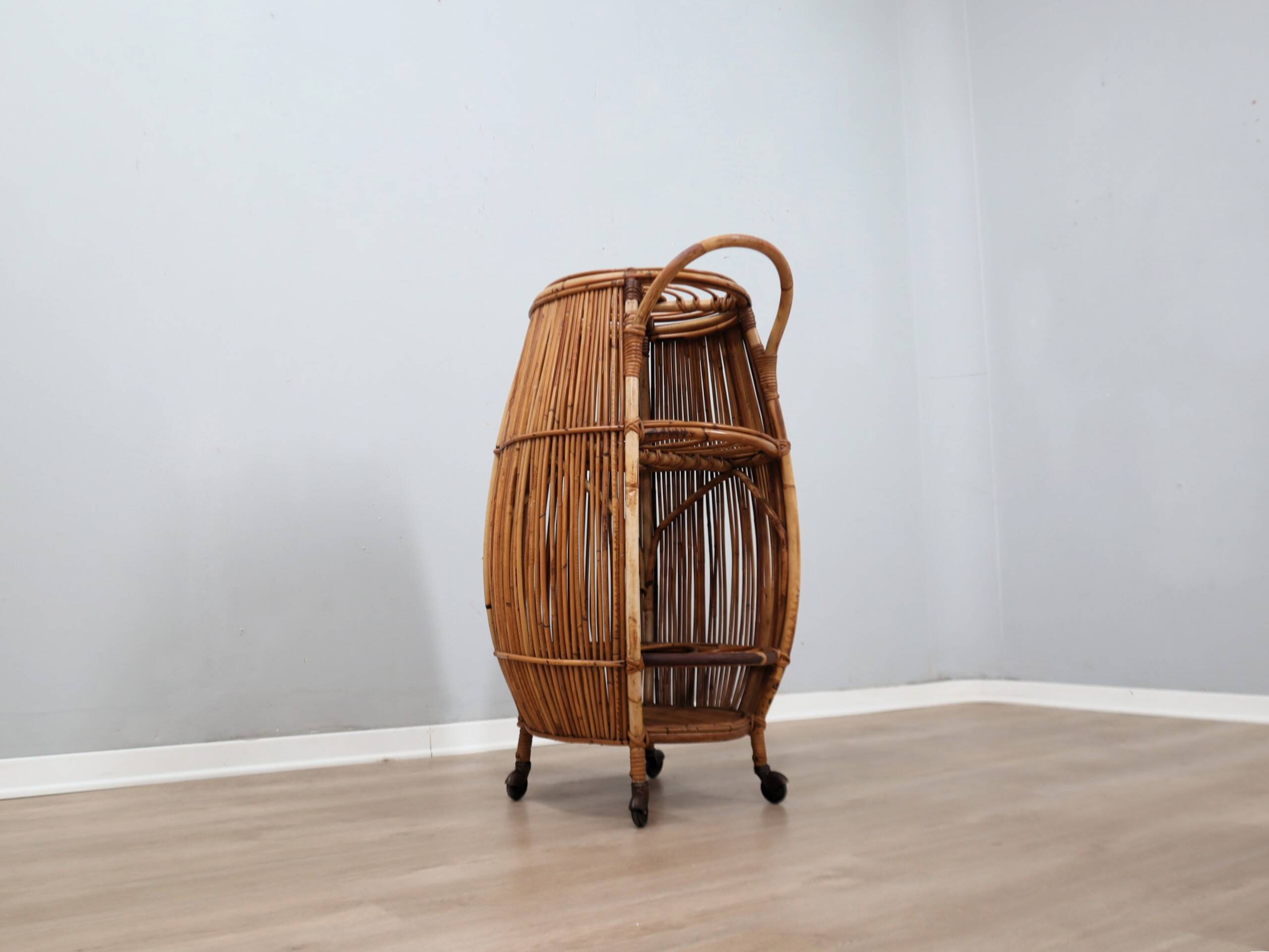 1960s Italian mid-century modern rattan barrel bar cart