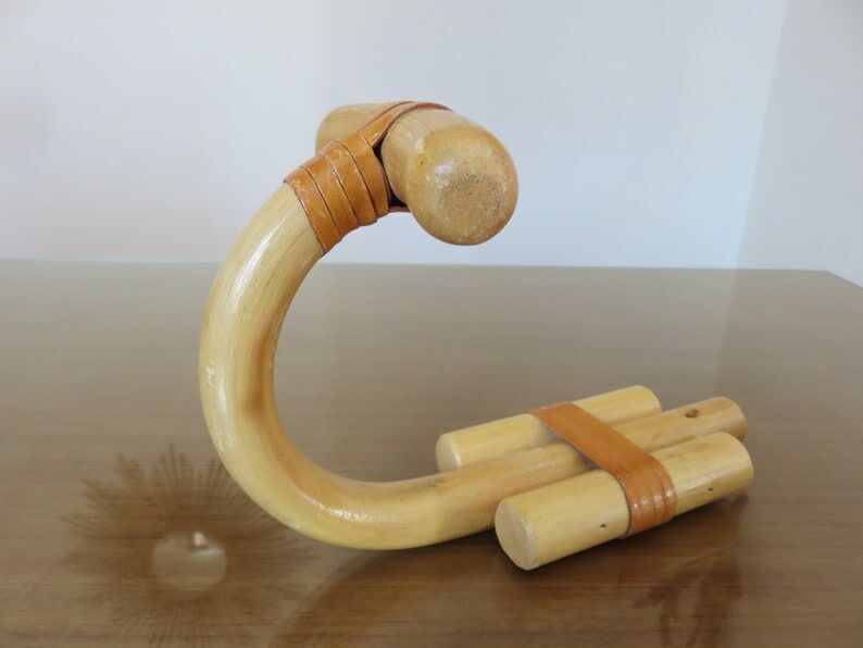 Wooden wall coat door hook with leather straps 60s 70s