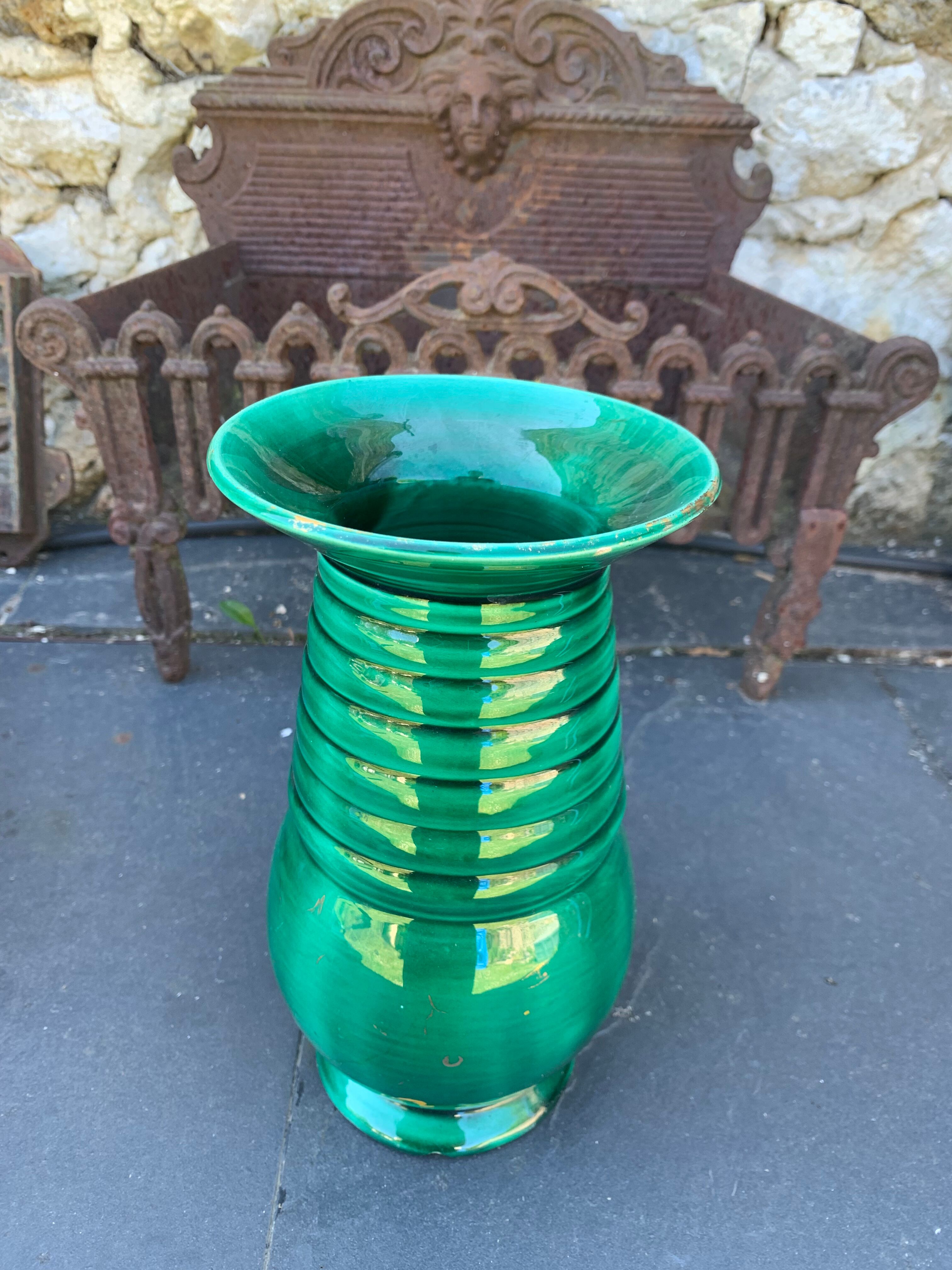 Ceramic vase enamelled green slurry style vallauris vintage 1950