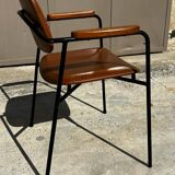 Fauteuil en métal, chêne et simili cuir vintage 1950