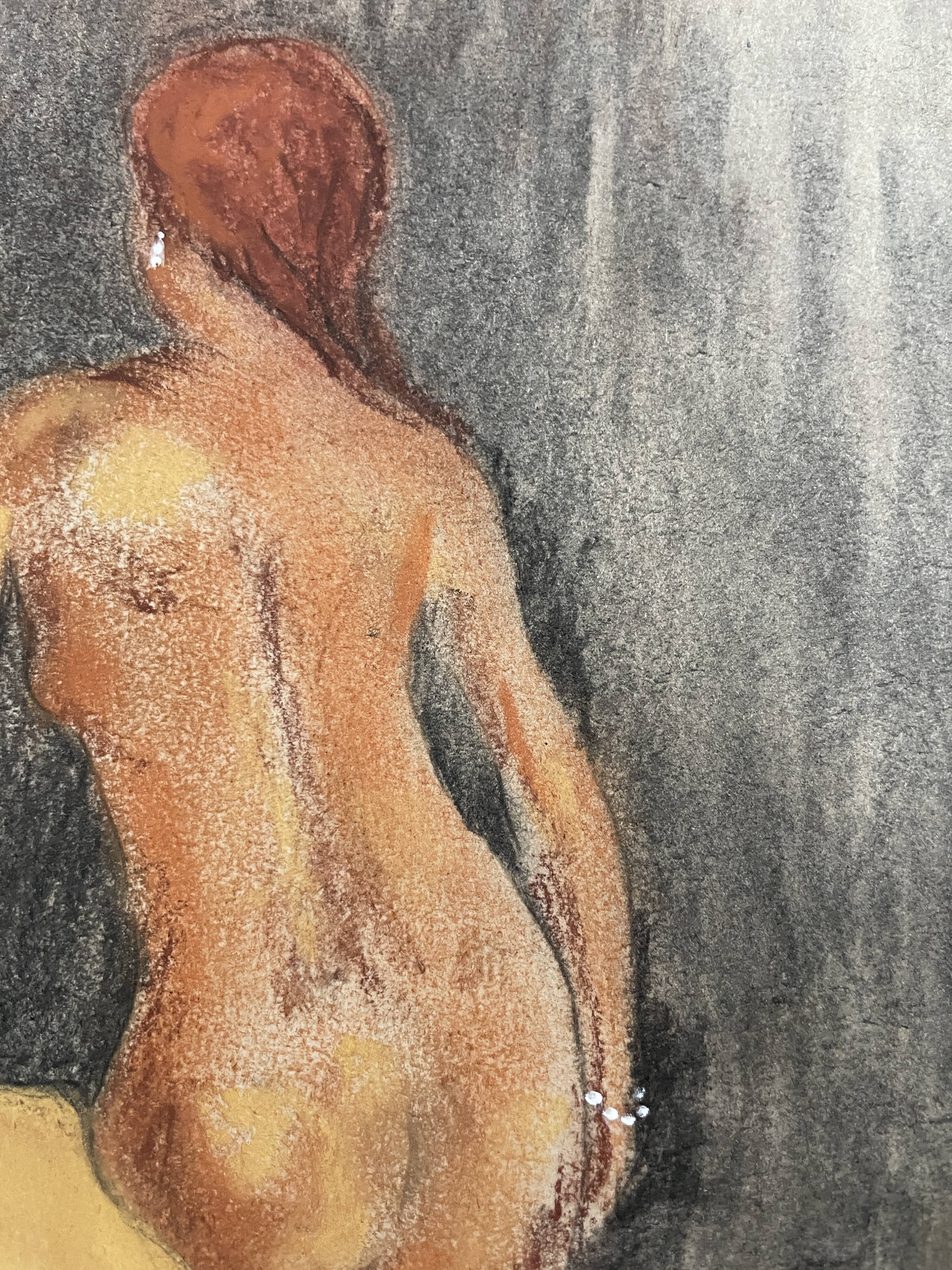 Painting signed pastel female portrait “the ocher sofa” 42x30 cm