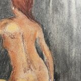 Painting signed pastel female portrait “the ocher sofa” 42x30 cm