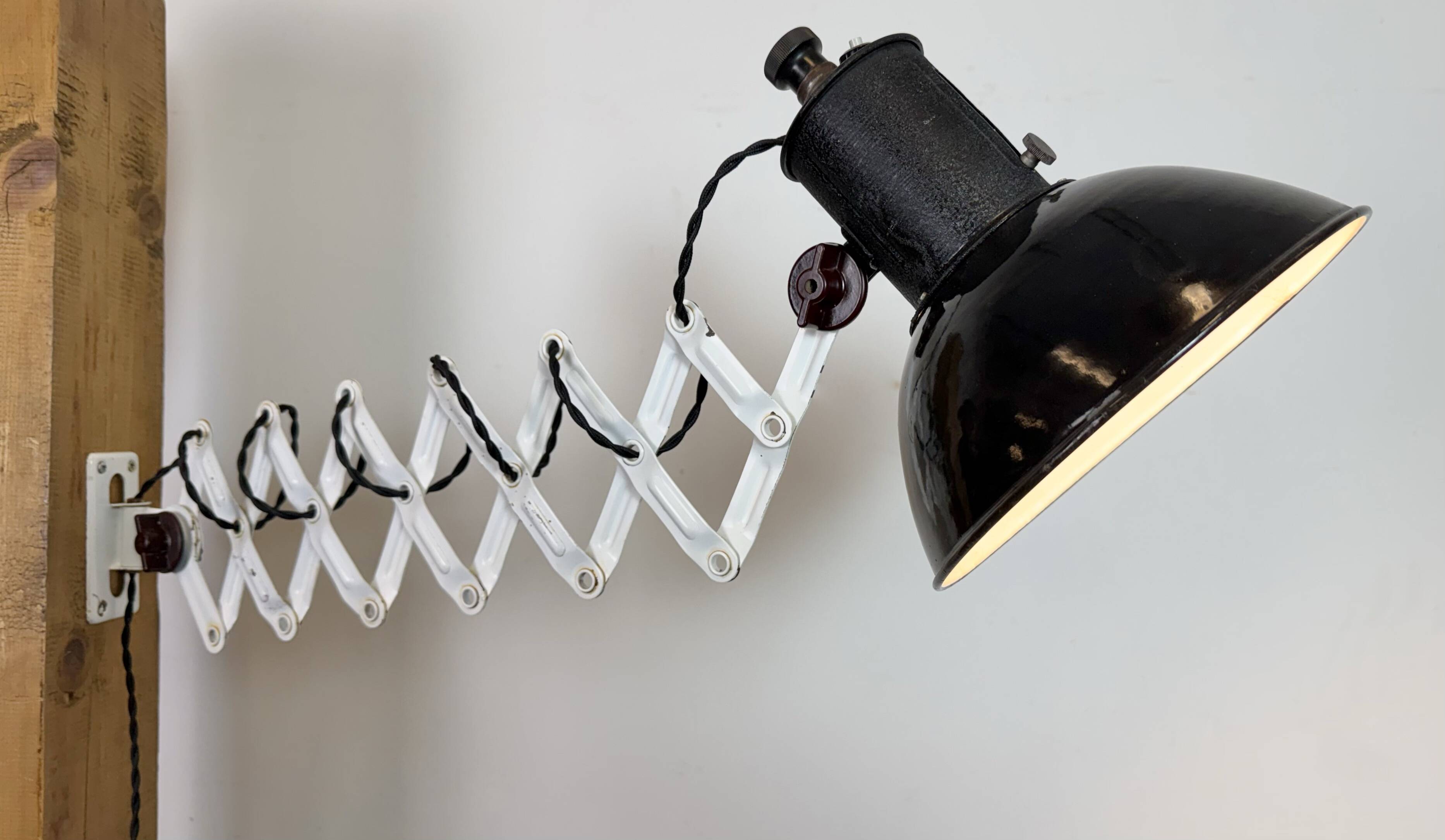 Industrial Black Enamel Scissor Wall Lamp, 1950s