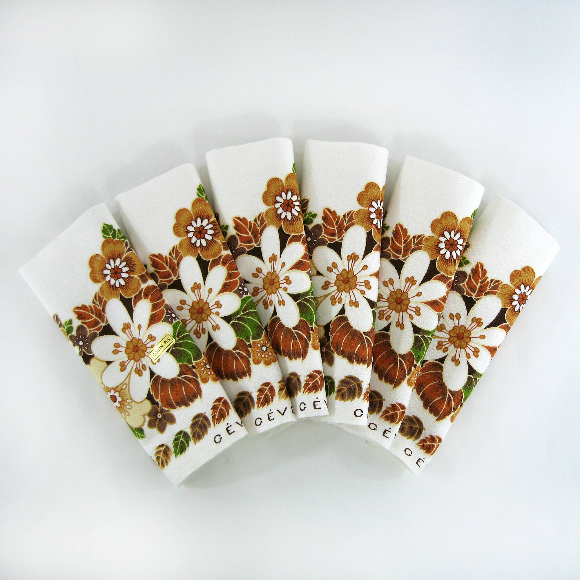 6 cotton napkins - brown and green floral pattern - Gévéor France - vintage 70s