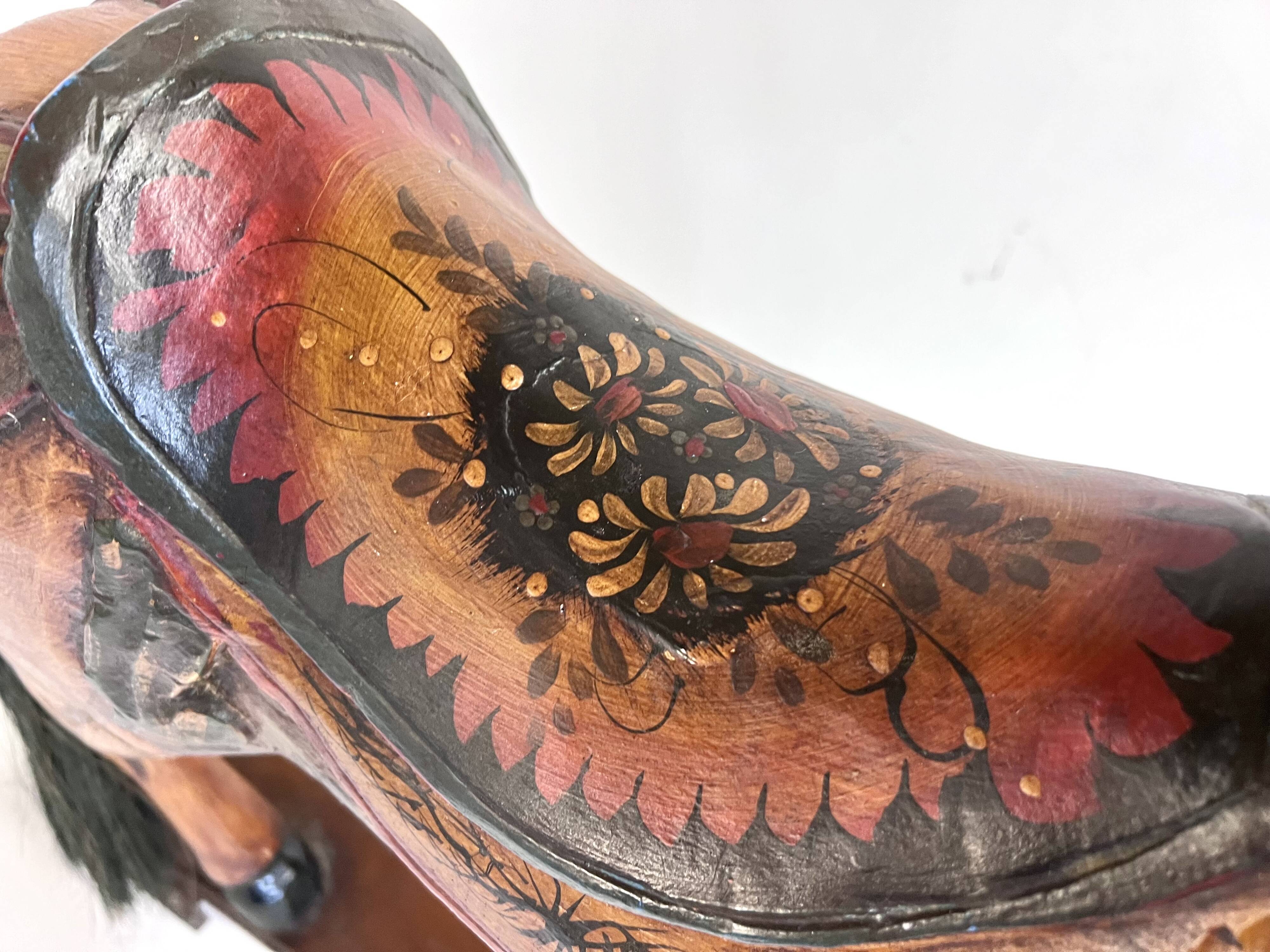 Antique painted wooden rocking horse – Large decorative model on wheels