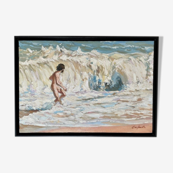 Tableau huile sur toile "La vague" circa 1980