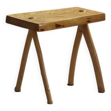 Wabi-Sabi stool in handmade birch, modern Scandinavian style, 1960s.