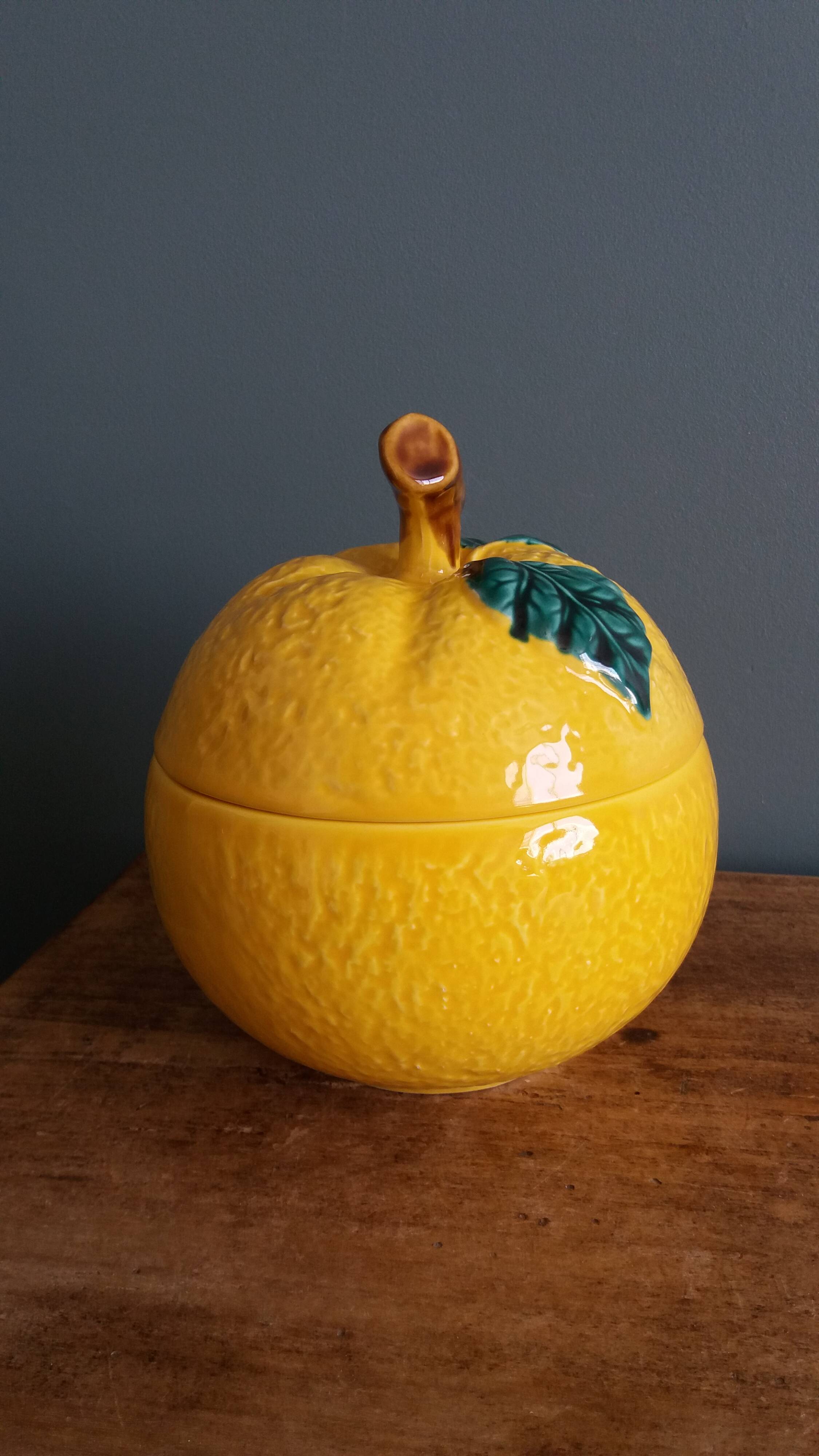 Sugar bowl candy dish box lemon in slipware