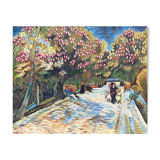 Hst painting copyist van gogh's work "red flowering chestnut trees in the park ar
