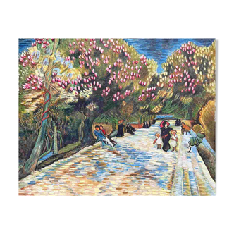 Hst painting copyist van gogh's work "red flowering chestnut trees in the park ar