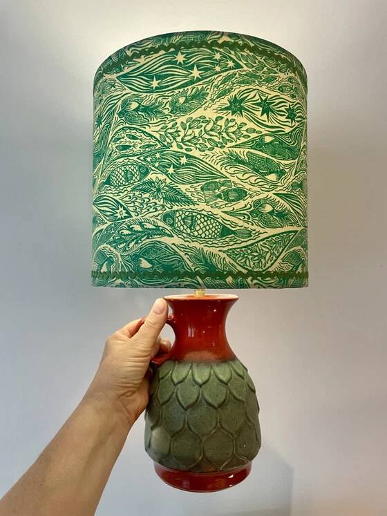 Wireless Jasba table lamp - West German pottery with fish decor | 41 cm