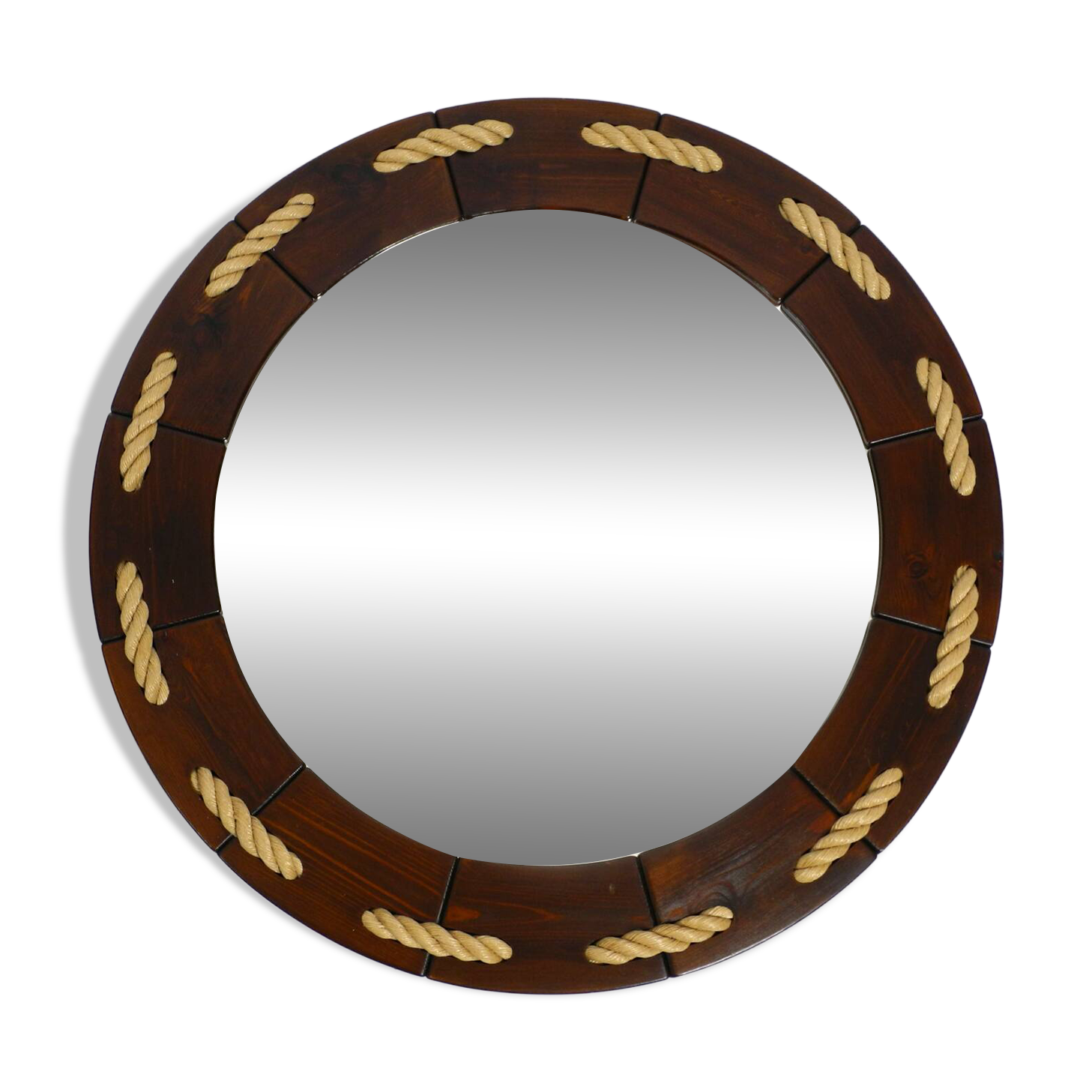Huge 1970s maritime round pine wood wall mirror from Denmark | ∅ 89cm