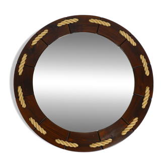 Huge 1970s maritime round pine wood wall mirror from Denmark | ∅ 89cm