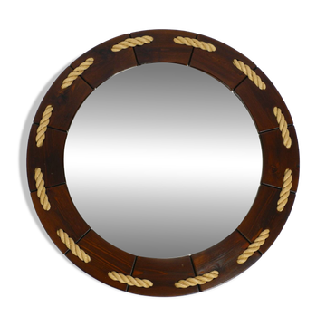 Huge 1970s maritime round pine wood wall mirror from Denmark | ∅ 89cm