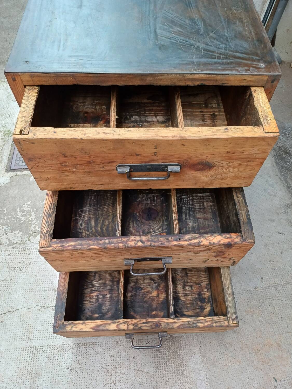Pair of workshop furniture, solid wood, metal top 1930, 1950