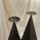 Pair of pyramid-shaped candlesticks in blackened metal (brutalism)