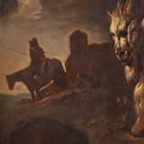 Beautiful 17th century painting, bucolic landscape with goats