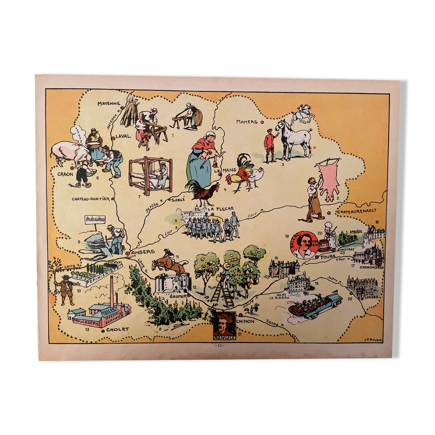 Affiche ancienne carte illustrée régions Mayenne Sarthe Maine & Loire Indre & Loire - JP Pinchon