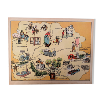 Old illustrated map map regions Mayenne Sarthe Maine & Loire Indre & Loire - JP Pinchon