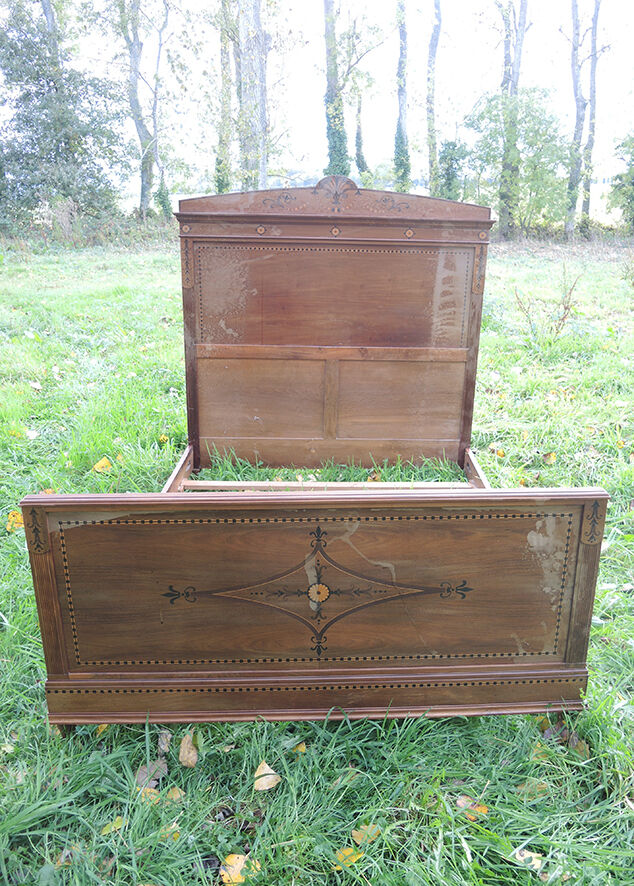 Bed frame double wood  inlay vintage