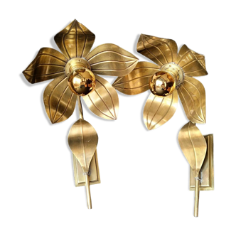 Wall lights flower pattern with petals in golden brass vintage retro 80s Hollywood Regency art deco