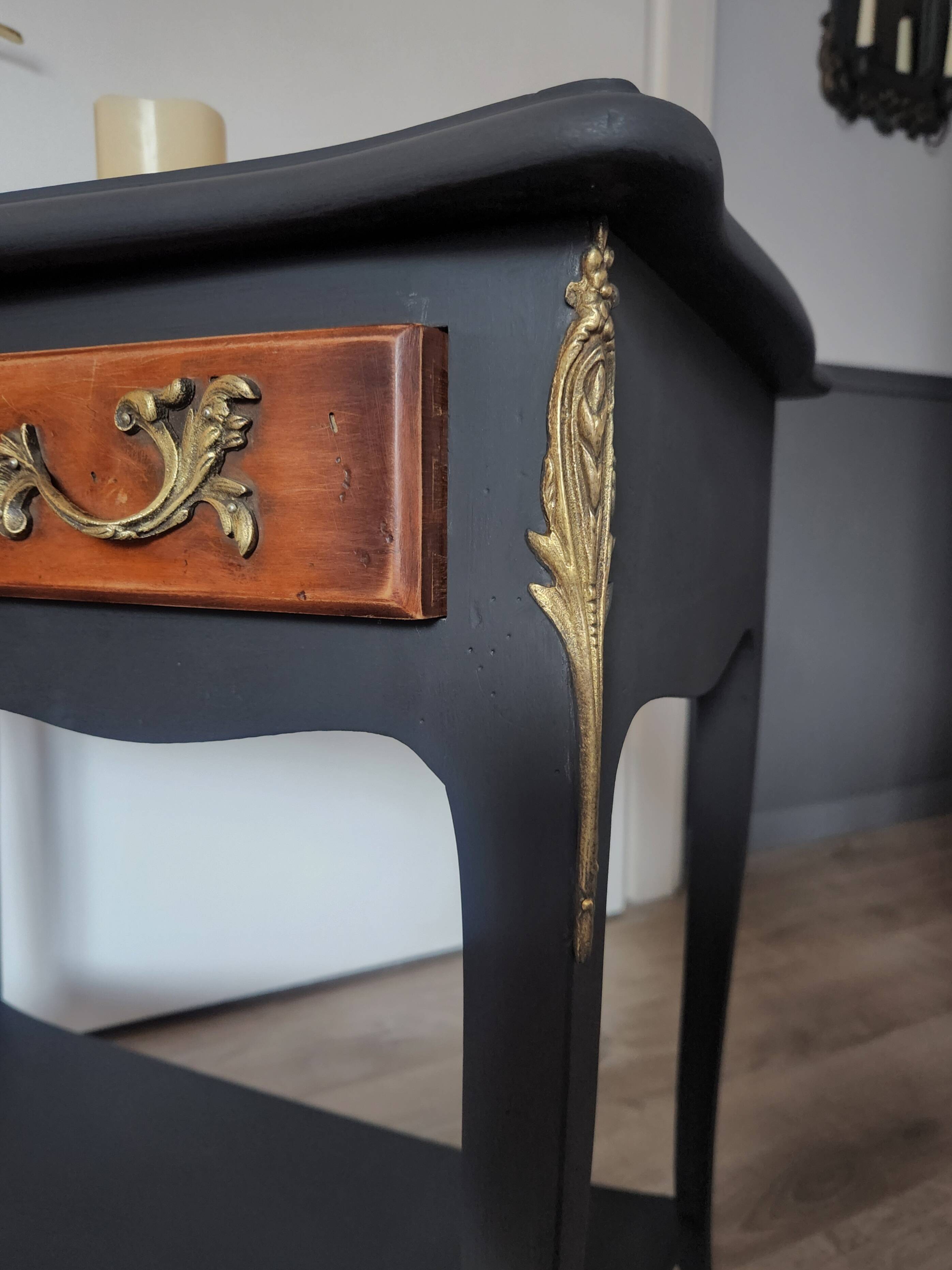 Mat black console / natural wood / gilding – Louis XV style Unique piece