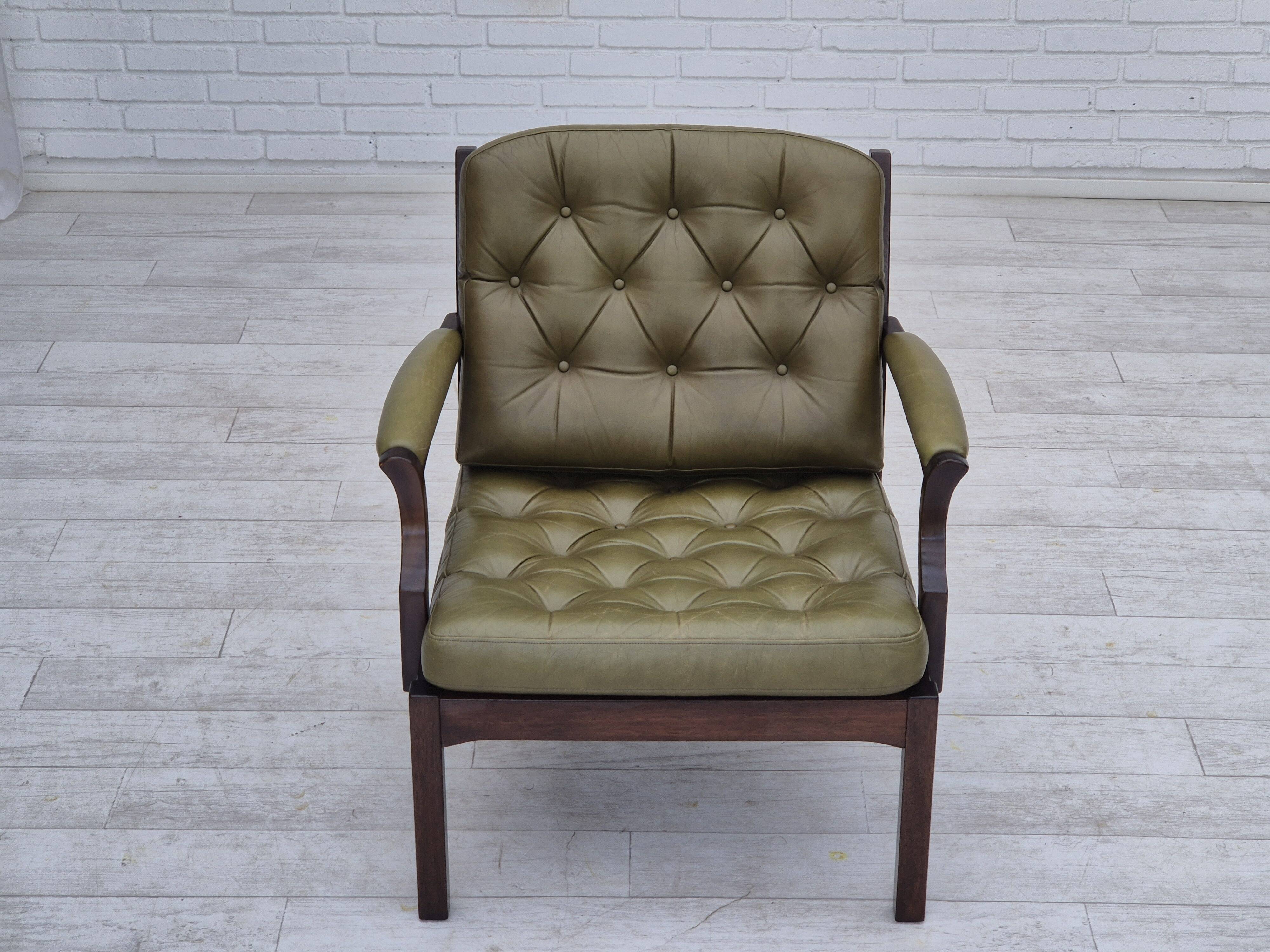 1970s, Scandinavian armchair, original condition,reen furniture leather, solid teak wood.