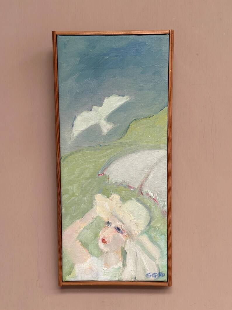 Original Swedish Oil on Canvas – "Woman with Dove" by G.G., 1990 – vintage and framed – 35.5 × 16 cm (13.9" × 6.2")