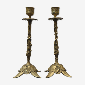 Pair of bronze candlesticks decorated with beetle
