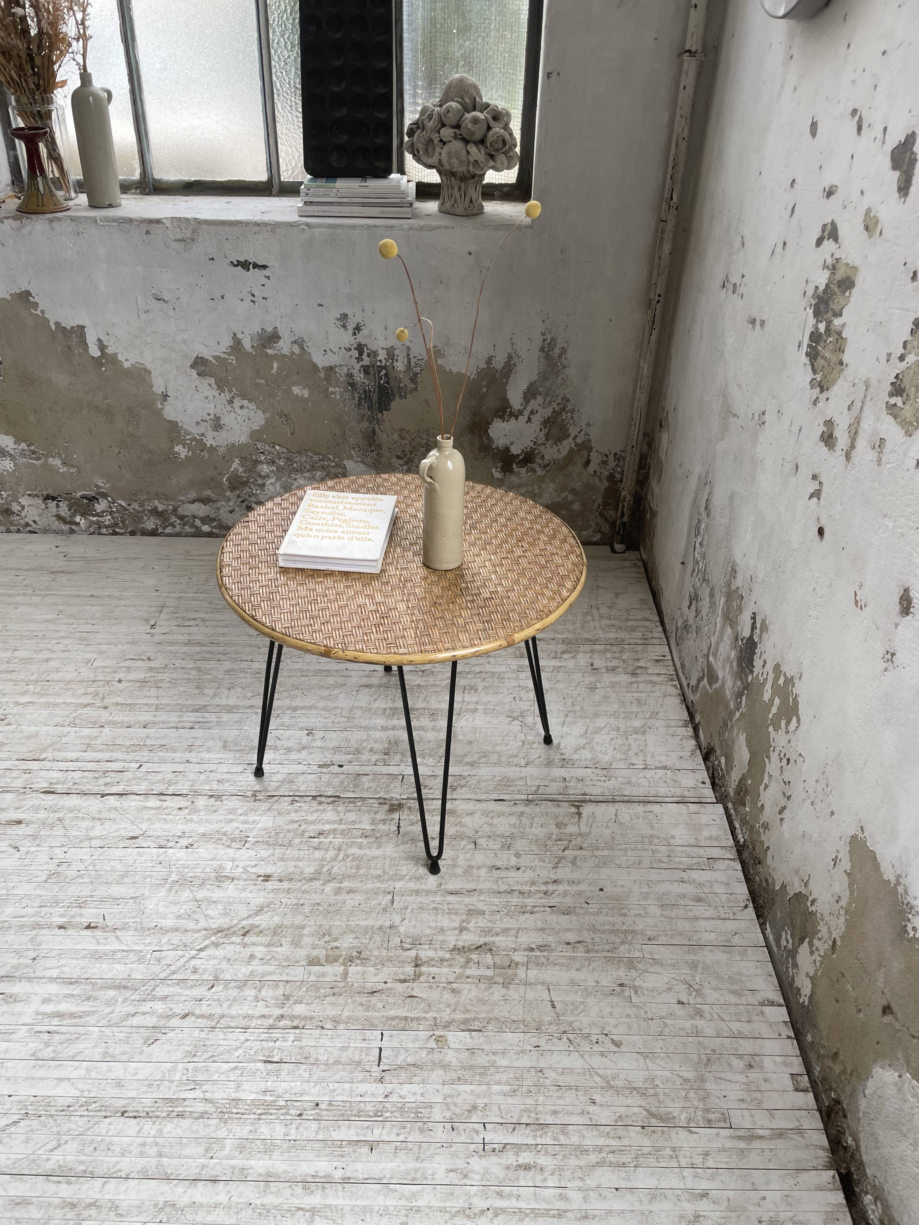Wicker and metal coffee table from the 1950s