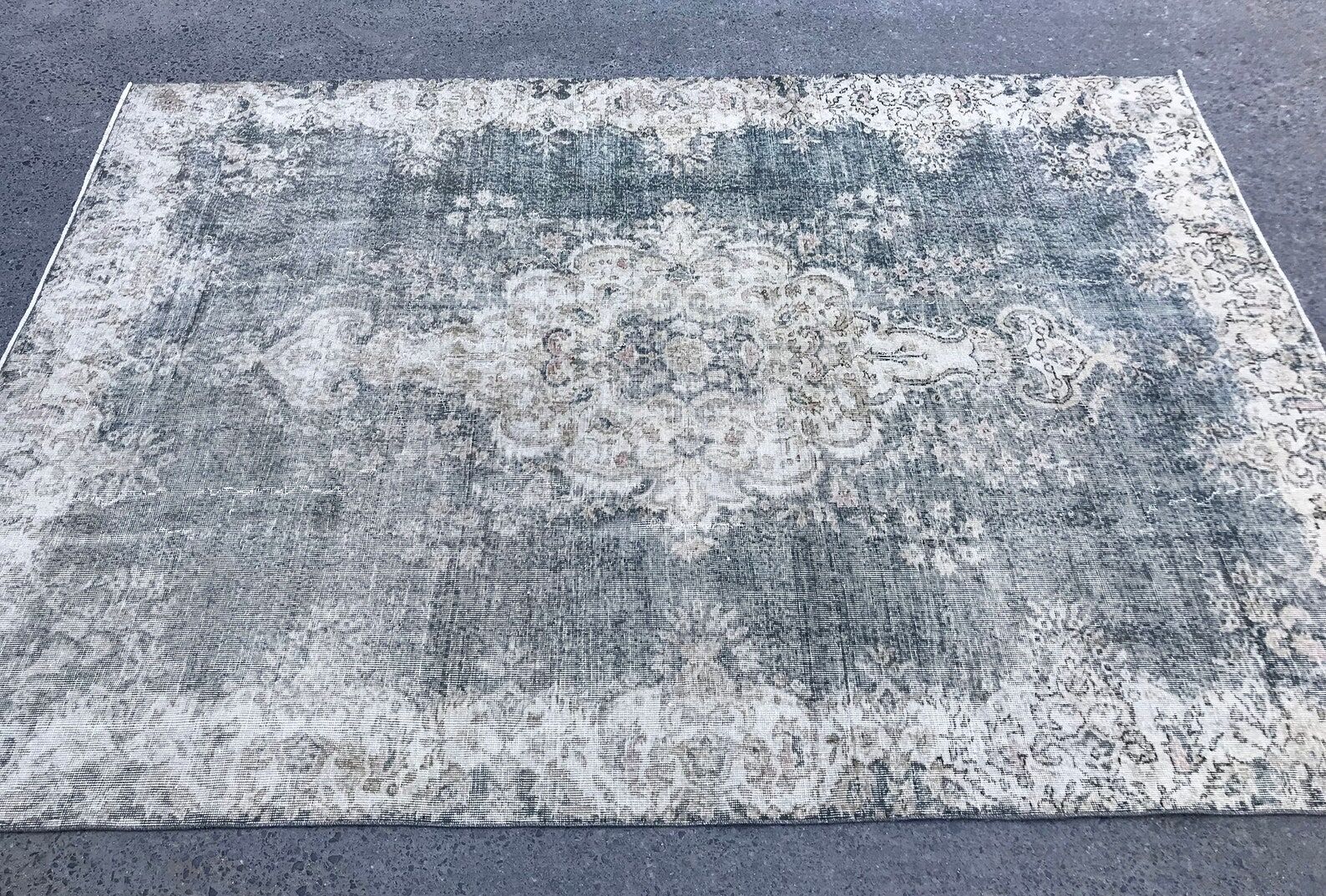Beige Blue Green Faded oushak Rug