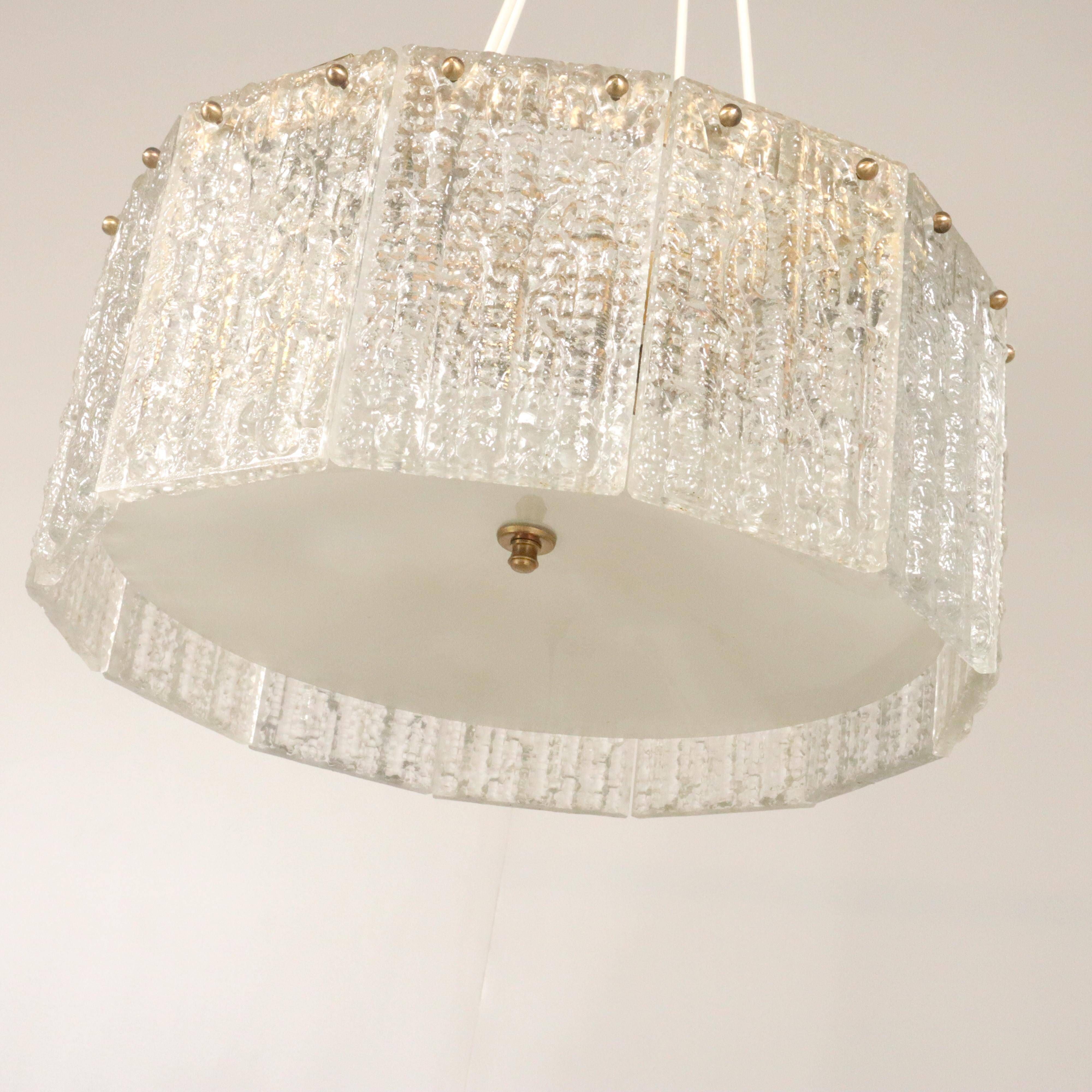 Moulded glass and brass ceiling light by Carl Fagerlund for Orrefors, Sweden, 1960.