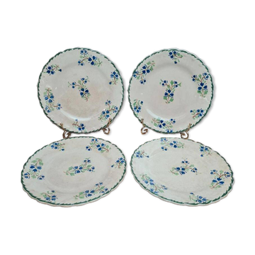 Set of 4 antique dessert plates in ironstone, with blue and green floral decoration.
