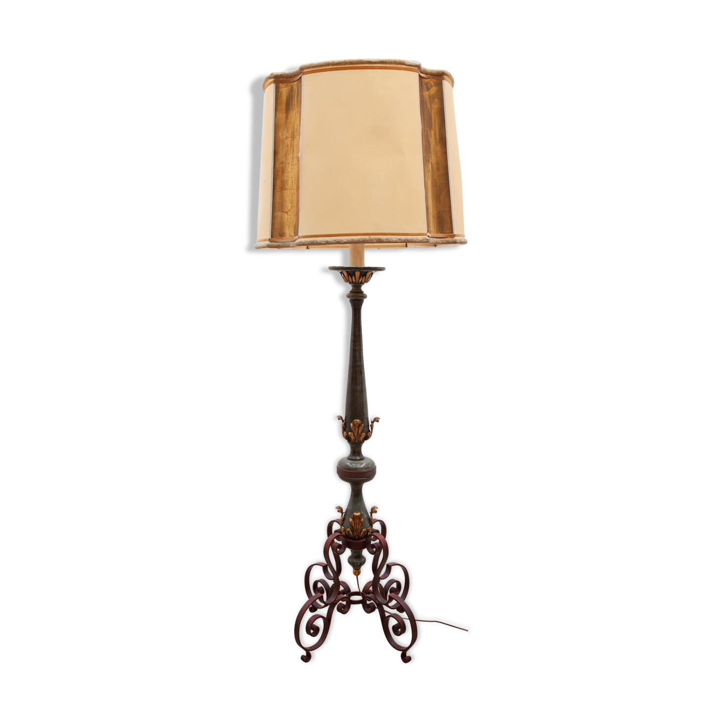 Art deco wrought iron lacquered and gilt leafs floor lamp france, 1930s