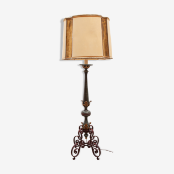 Art deco wrought iron lacquered and gilt leafs floor lamp france, 1930s