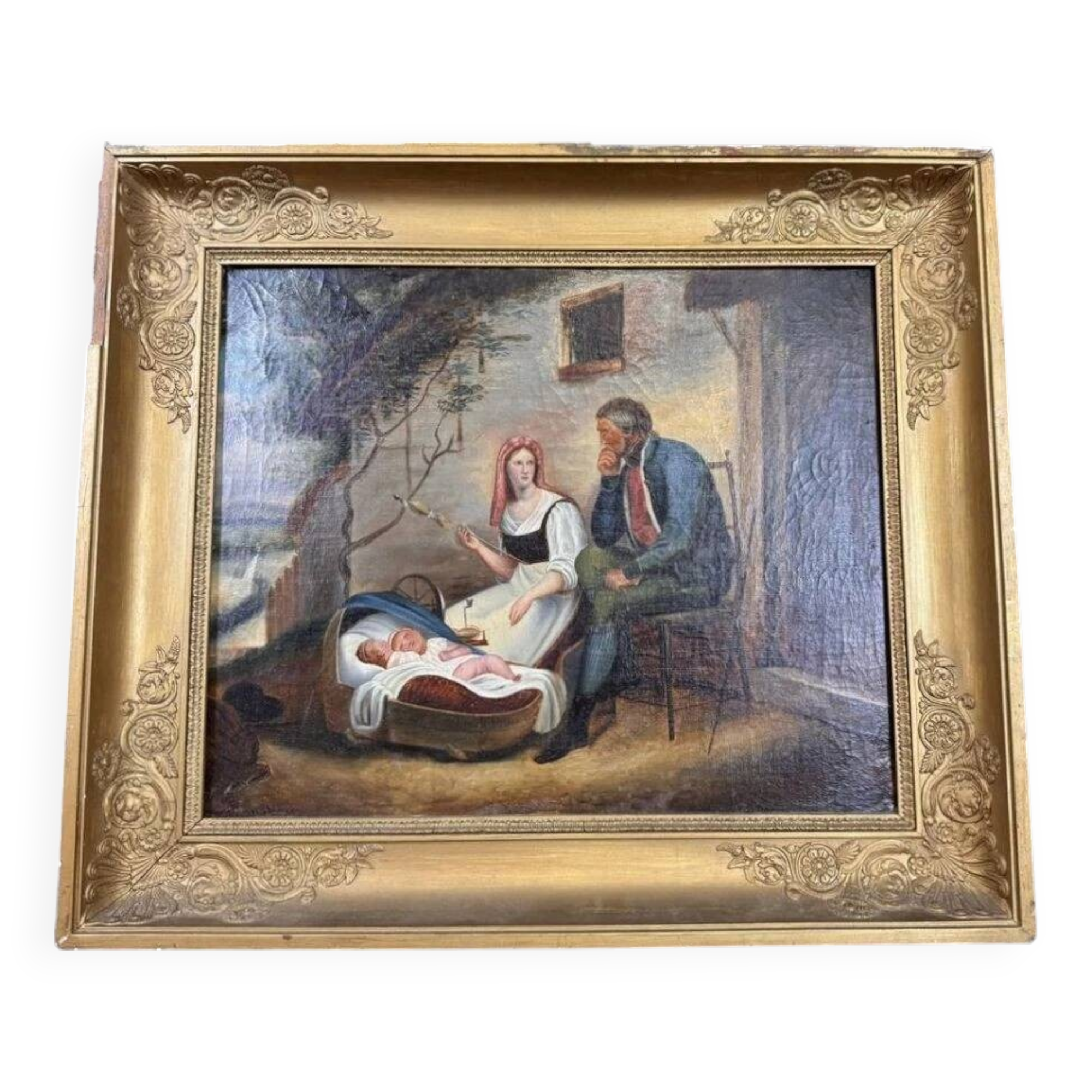 19th century oil painting on canvas: The spinner and the soldier