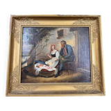 19th century oil painting on canvas: The spinner and the soldier