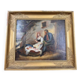 19th century oil painting on canvas: The spinner and the soldier