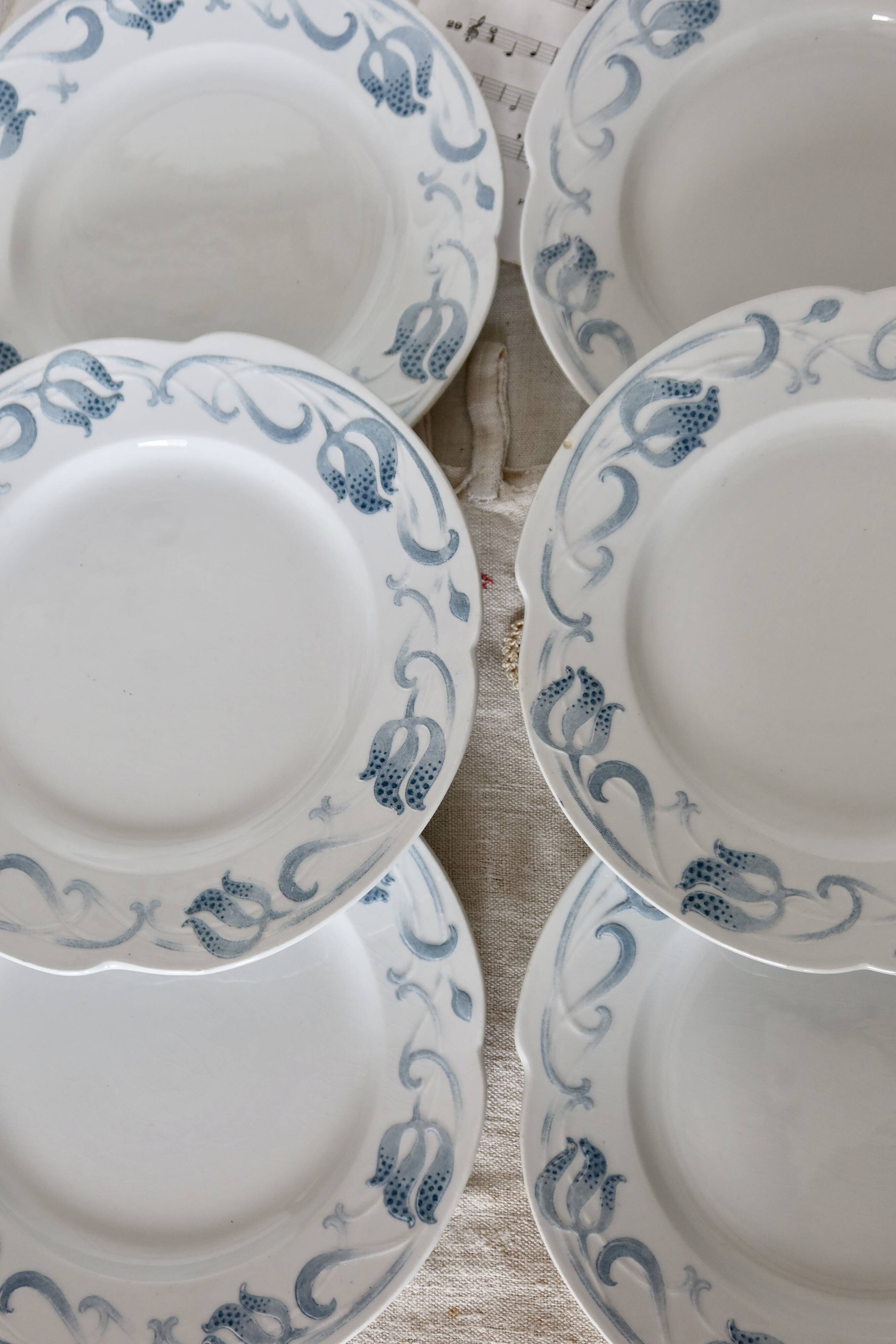 6 assiettes à dessert - Service antique de vaisselle 82 pièces faïence Sarreguemines style Art Nouve