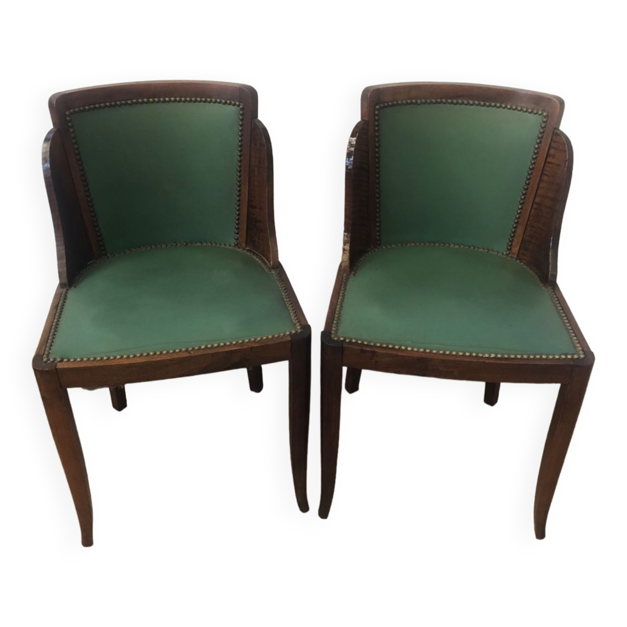 Pair of old wood and green leather gondola chairs