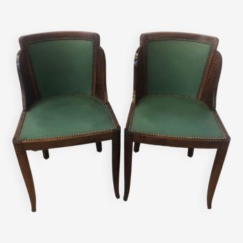 Pair of old wood and green leather gondola chairs